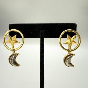 Moon and Star‎ Dangle Earrings Articulating Celestial Gold Tone Mixed Metal 1.5"